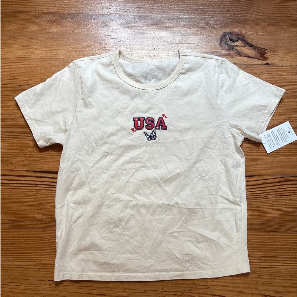 NWT Organic Collective cream USA butterfly embroidered short sleeve shirt SIZE L